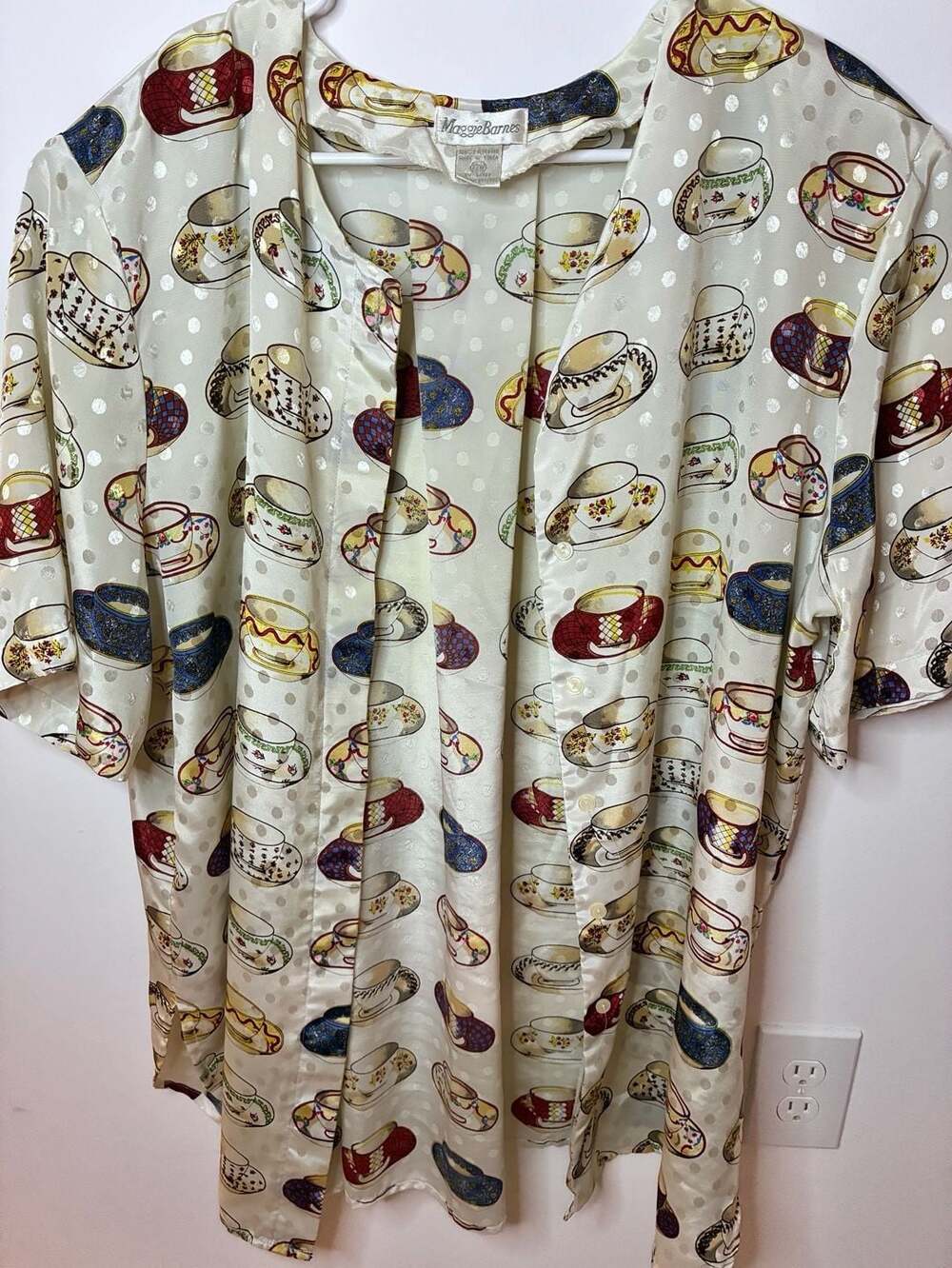 Maggie Barnes Teacup Print Blouse Size 22W White Button Down